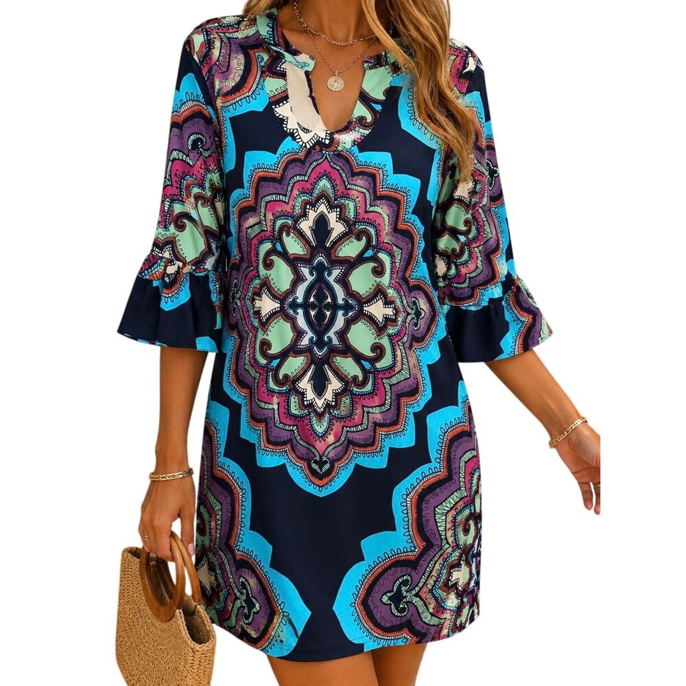 Aryeh Boho Resort Tunic Dress Medallion Print NWT